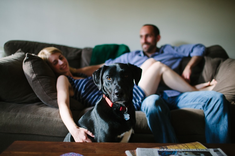 relaxed engaged couple at home with dog
