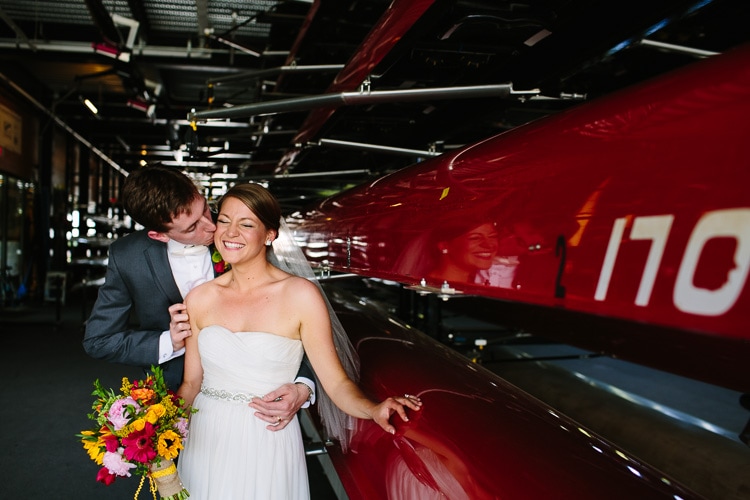 wedding portrait at the Harry Parker Boathouse at Community Rowing