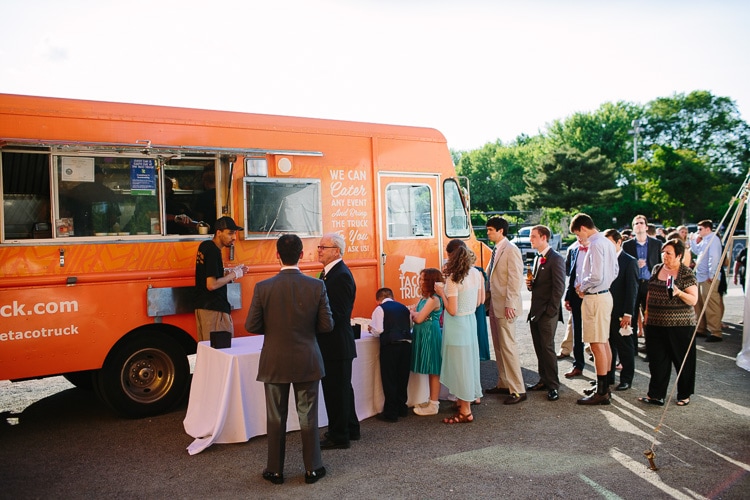 wedding guests line up for the Taco Truck