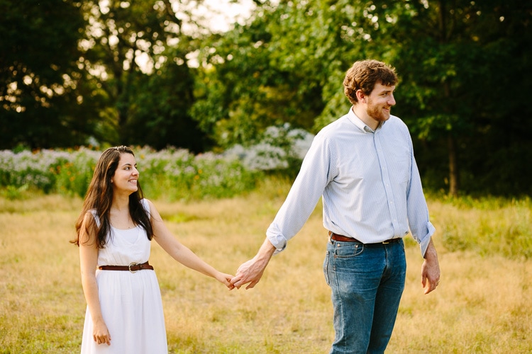 engagement portrait in field in Newton MA with beautiful light