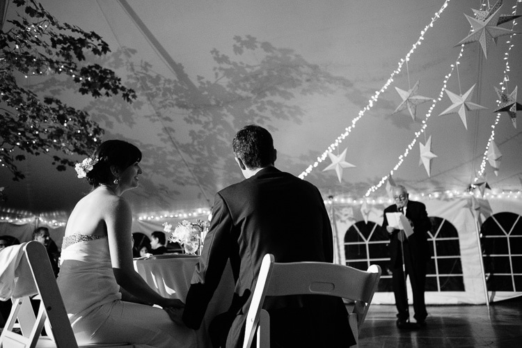 artistic image of bride and groom listening to the toast