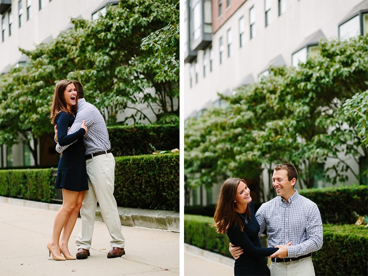 an engaged couple shares a laugh during their engagement session on Comm Ave in Boston