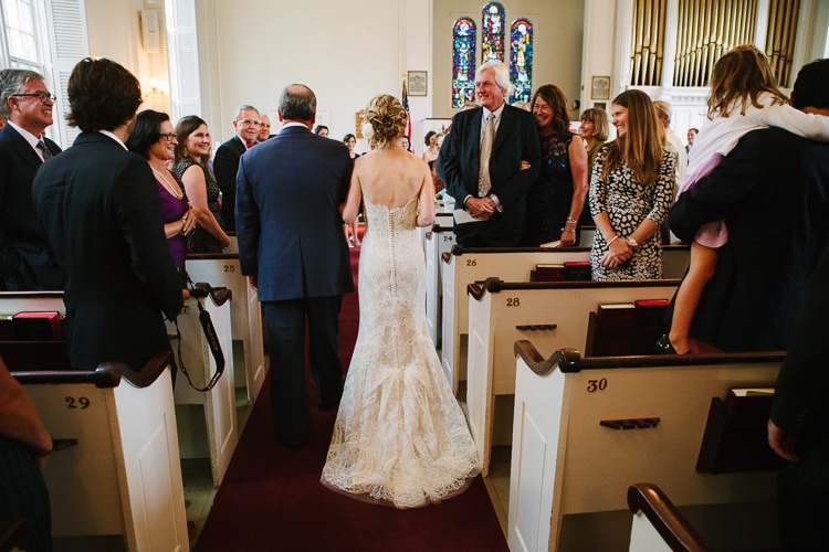 Massachusetts documentary wedding photography, bride walks down the aisle at the First Congregational Curch in Marion