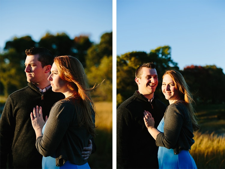 dramatic light during an autumn engagement session at World's End, Hingham