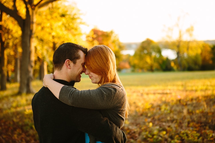 fall engagement session at World's End, Hingham during golden hour