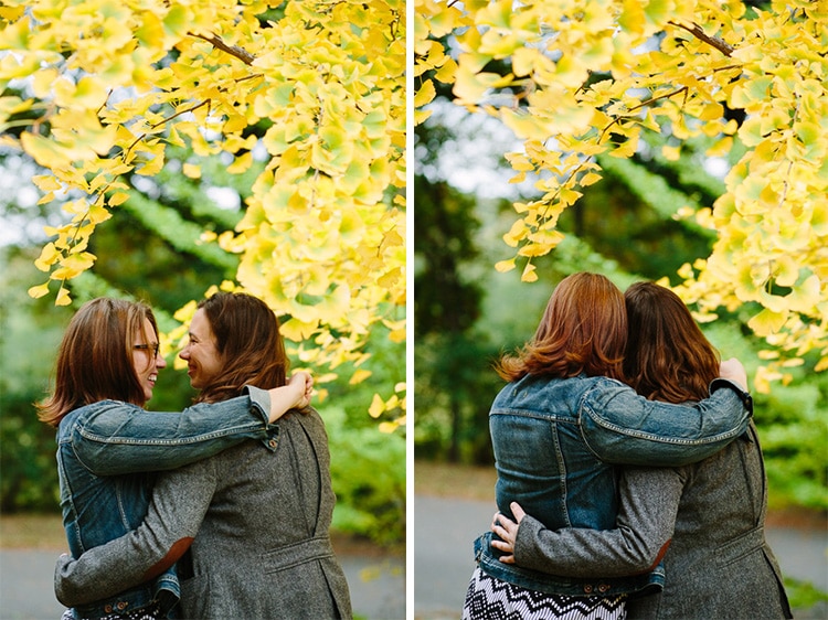 fall engagement portrait under the ginko trees at Arnold Arboretum