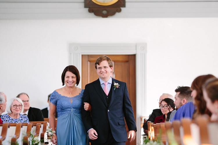 groom escorts mother down the aisle, Duxbury, Massachusetts documentary wedding photography