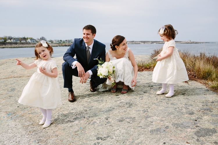 bride and groom with flowergirls in Rockport