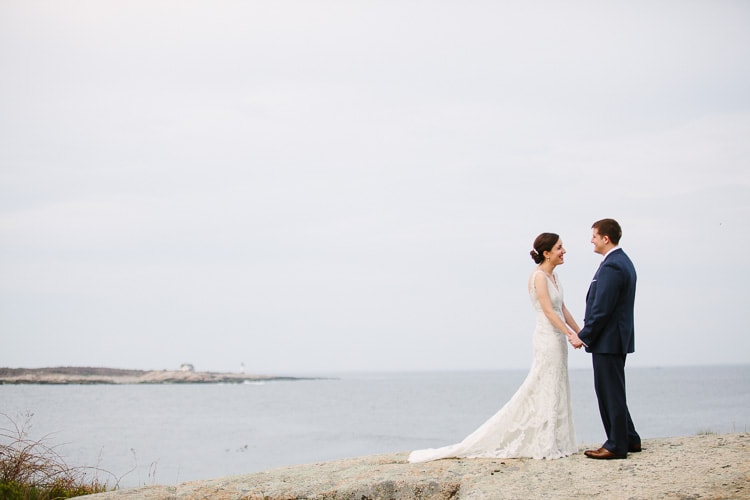 bride and groom by the Atlantic Ocean, Rockport, MA