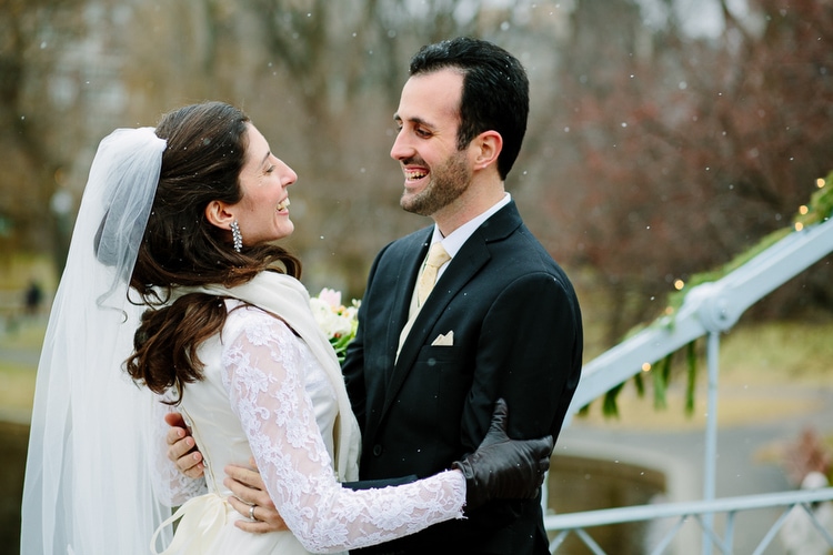 first look on bridge, winter wedding in Boston public garden
