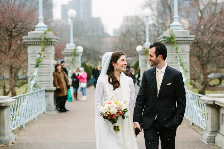 winter wedding in Boston, portrait of bride and groom in public garden