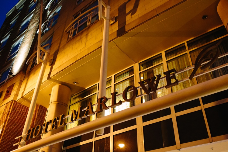 entrance to Hotel Marlowe after dark