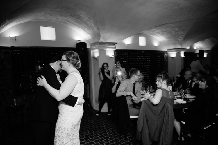 bride and groom share first dance in the wine cellar at Mooo