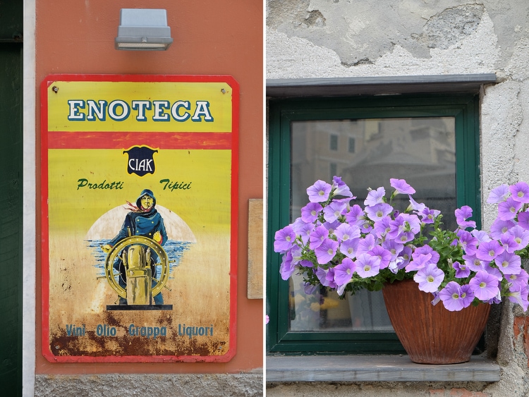 Cinque Terre - enoteca sign and flowers
