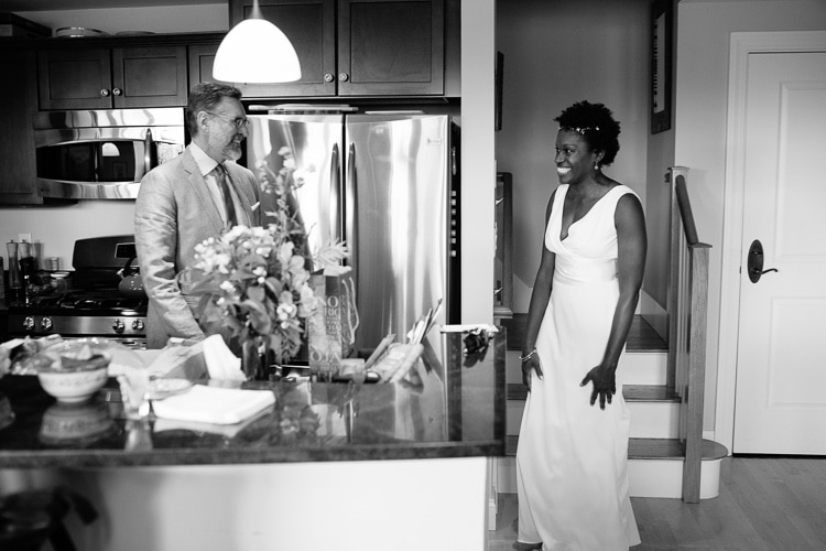 wedding first look in kitchen