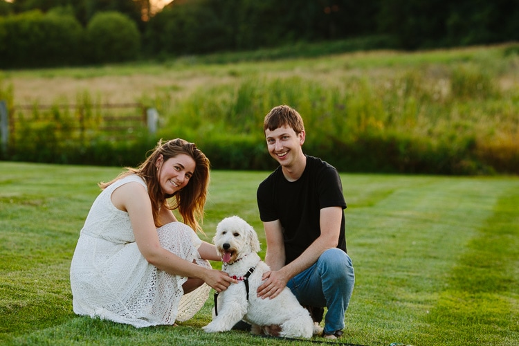 Misty Farm engagement portrait with puppy, by Kelly Benvenuto Photography