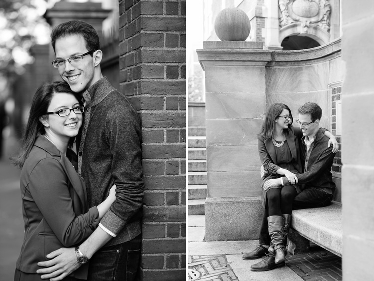classic black and white engagement portraits in Harvard Square