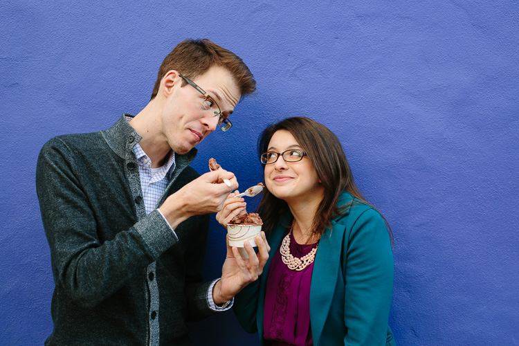 silly and colorful engagement photos in Harvard Square, Cambridge, Massachusetts