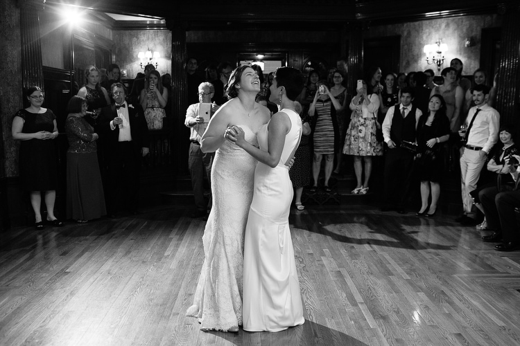 First dance of the wedding reception at the Endicott Estate in Dedham, MA. LGBT wedding photography by Kelly Benvenuto in Boston, Massachusetts.