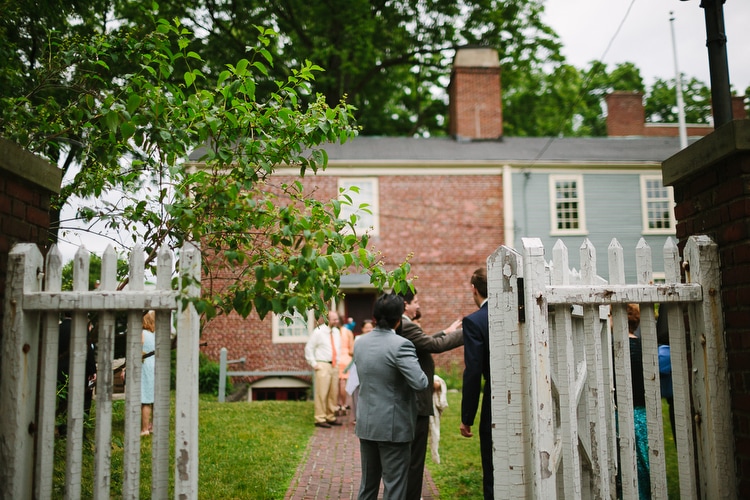 Wedding guests arrive for ceremony at the Royall House, Medford, MA.