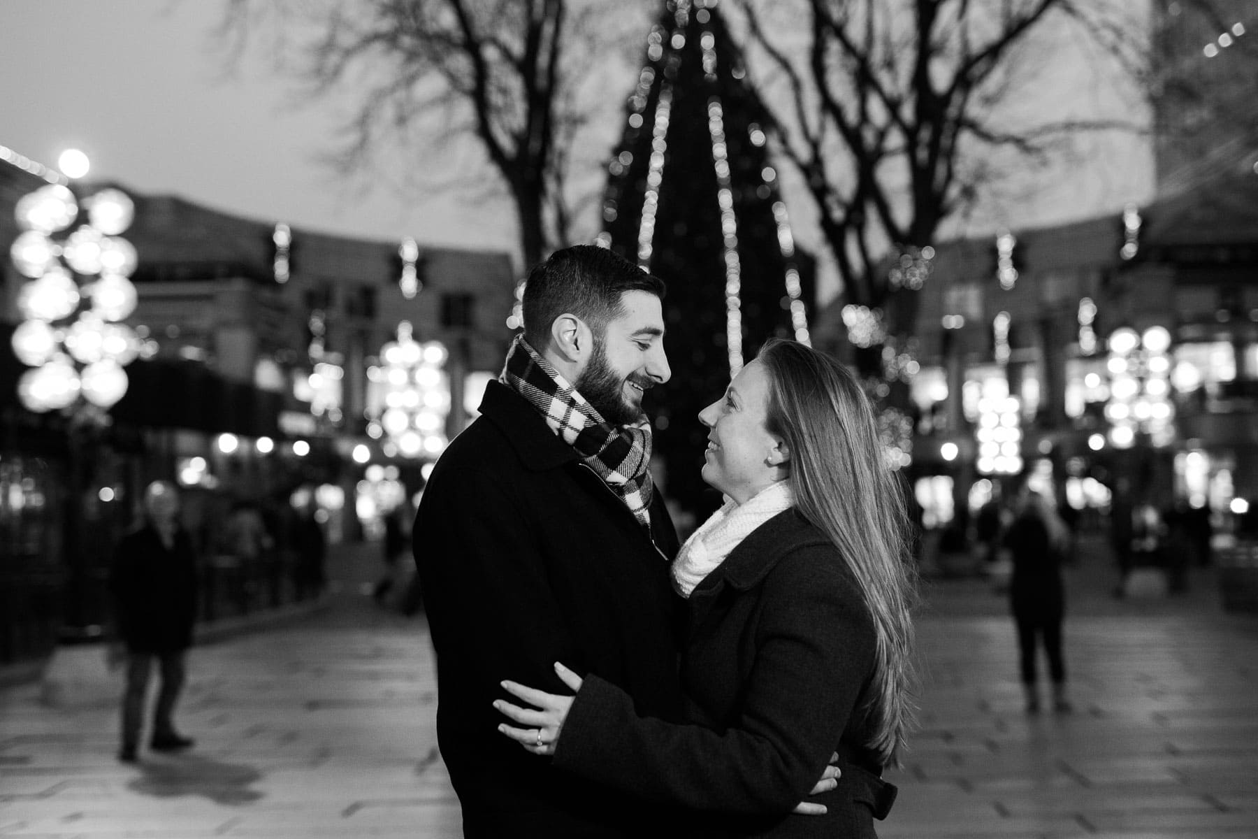 Quincy market engagement photo at night