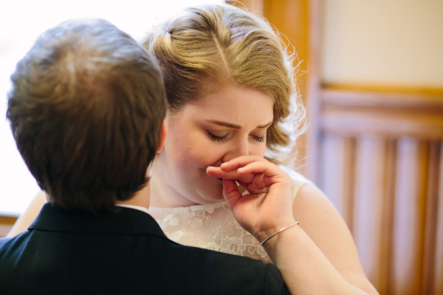 Emotional bride at Cambridge City Hall.