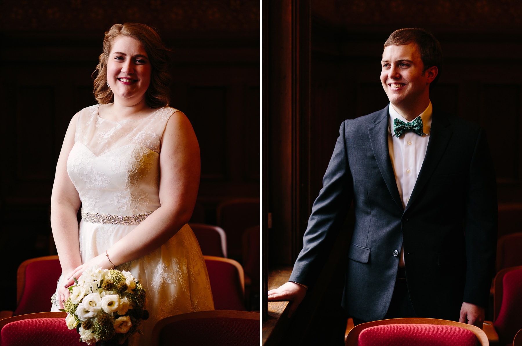 Portraits of bride and groom in Cambridge City Hall.