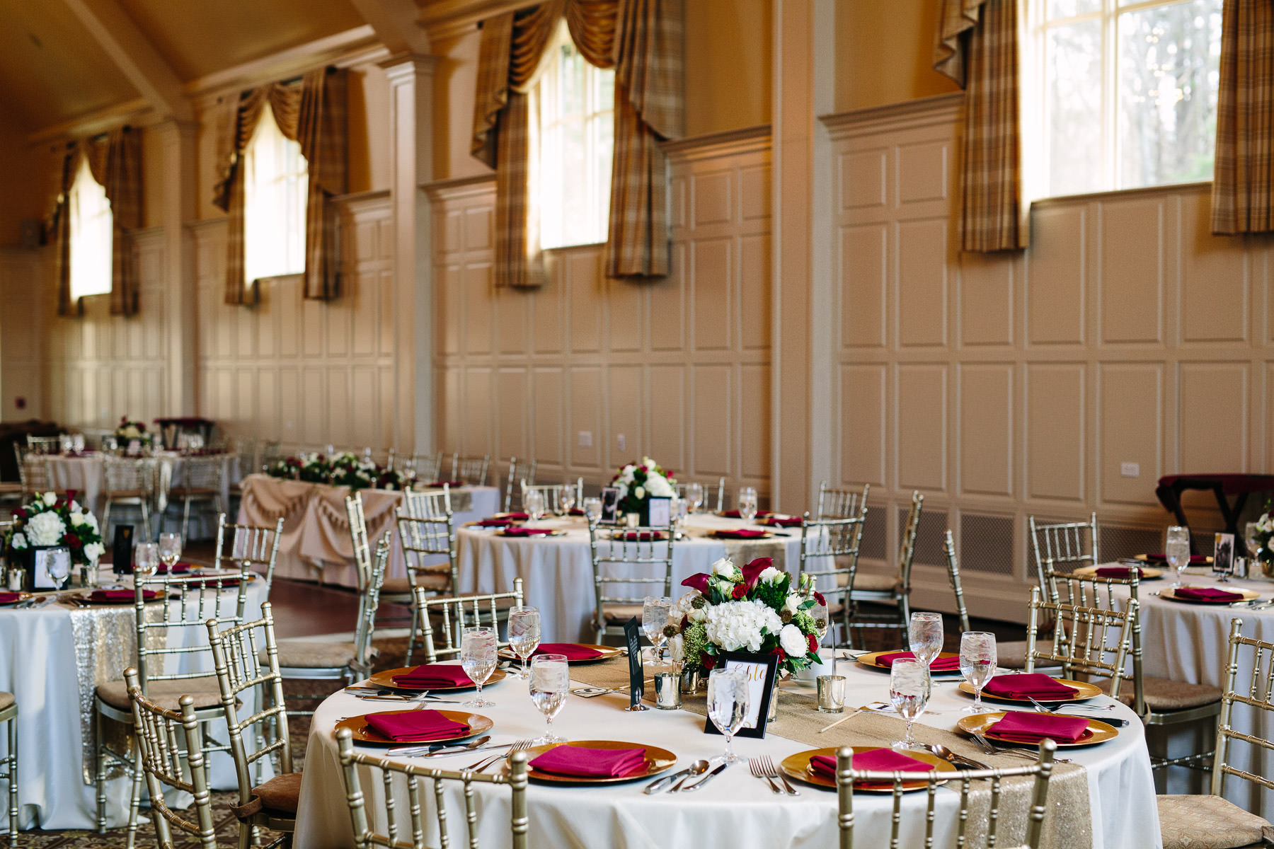 Red and gold wedding details  at the Renaissance Golf Club in Haverhill, MA.