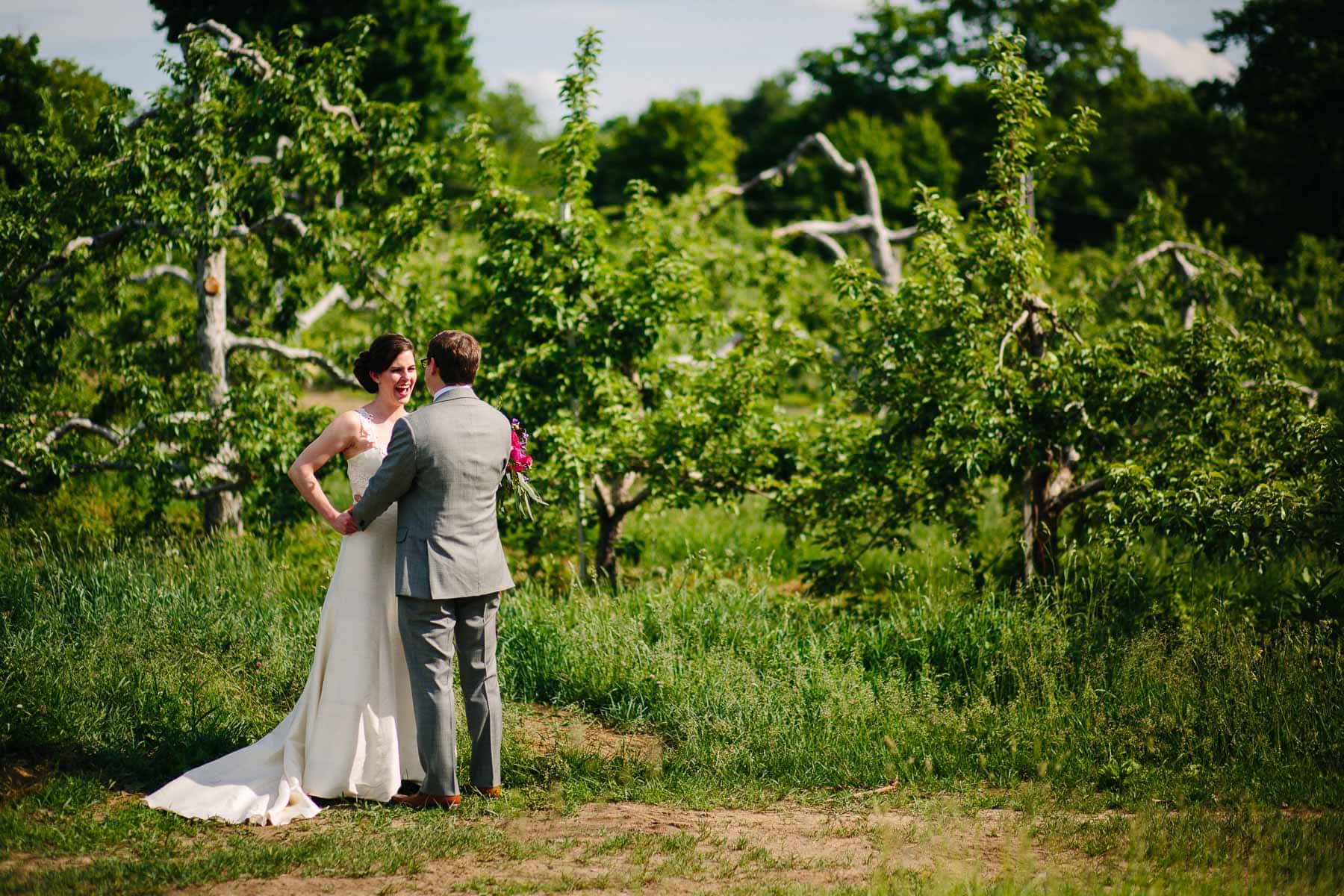 bride and groom moments after the wedding ceremony at Red Apple Farm, Phillipston, MA