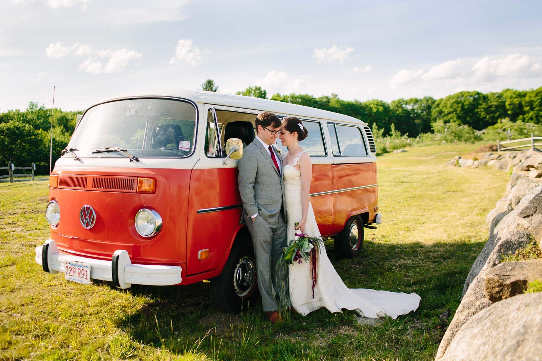 wedding portraits with Volkswagon van at Red Apple Farm, Phillipston, MA