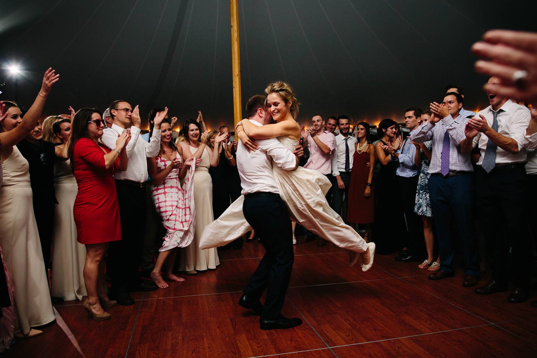 bride and groom's last dance under sailcloth tent during Lyman Estate wedding reception