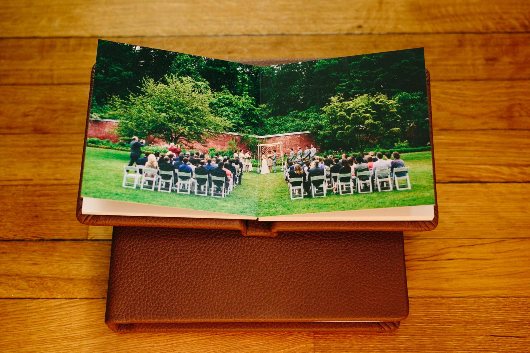 Signature flushmount wedding album with custom walnut box by Boston wedding photographer Kelly Benvenuto.