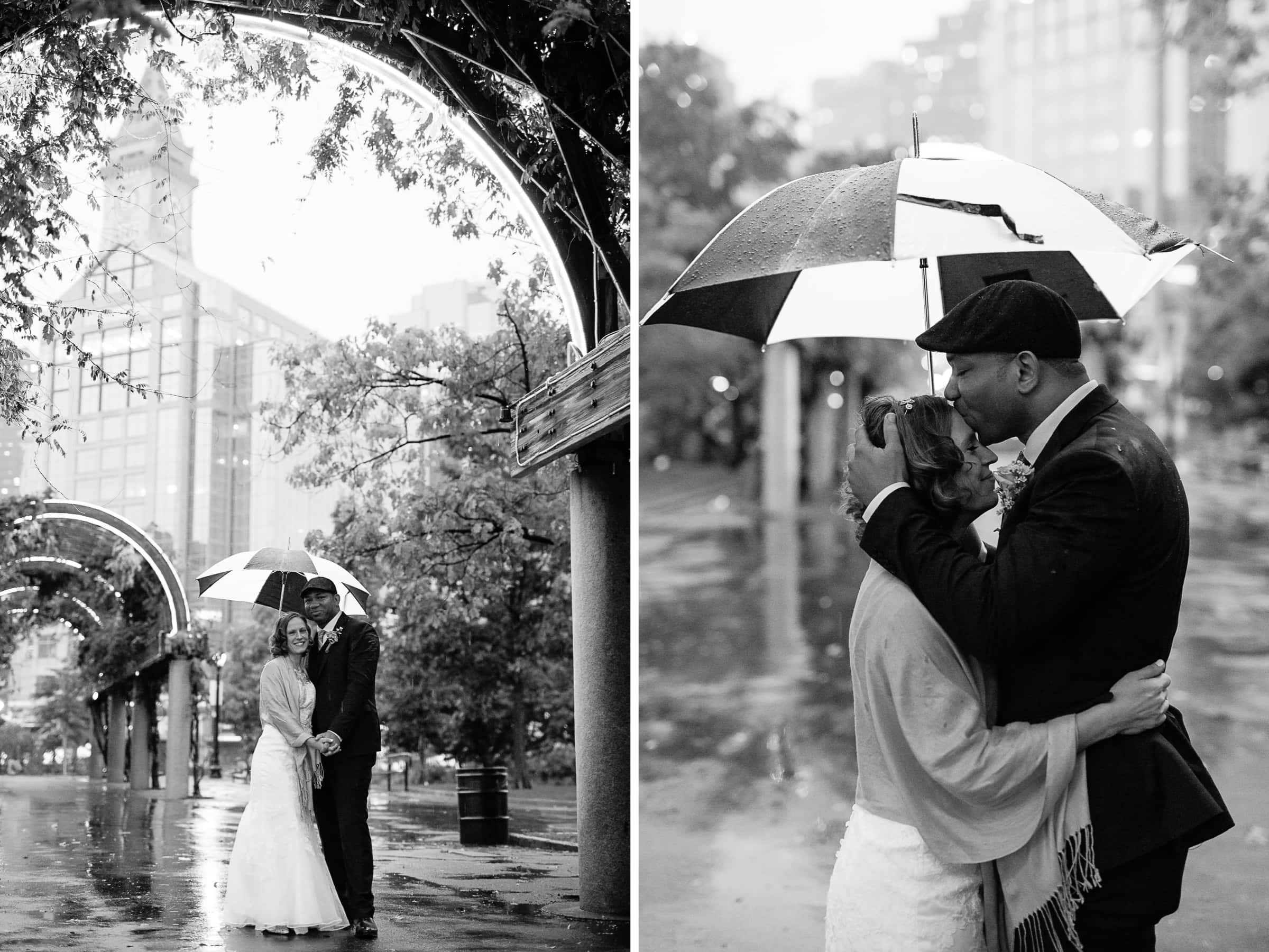 Rainy wedding photos in Christopher Columbus Park | Kelly Benvenuto Photography | Boston Wedding Photographer