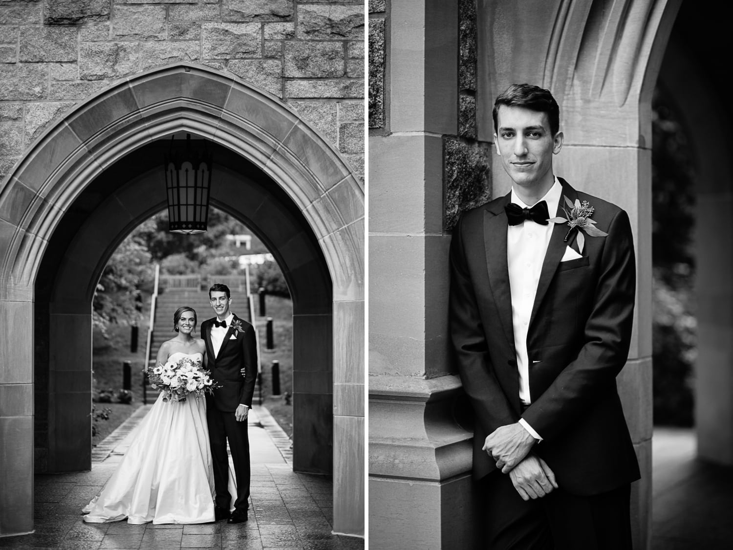 black and white wedding portraits on Boston College Campus