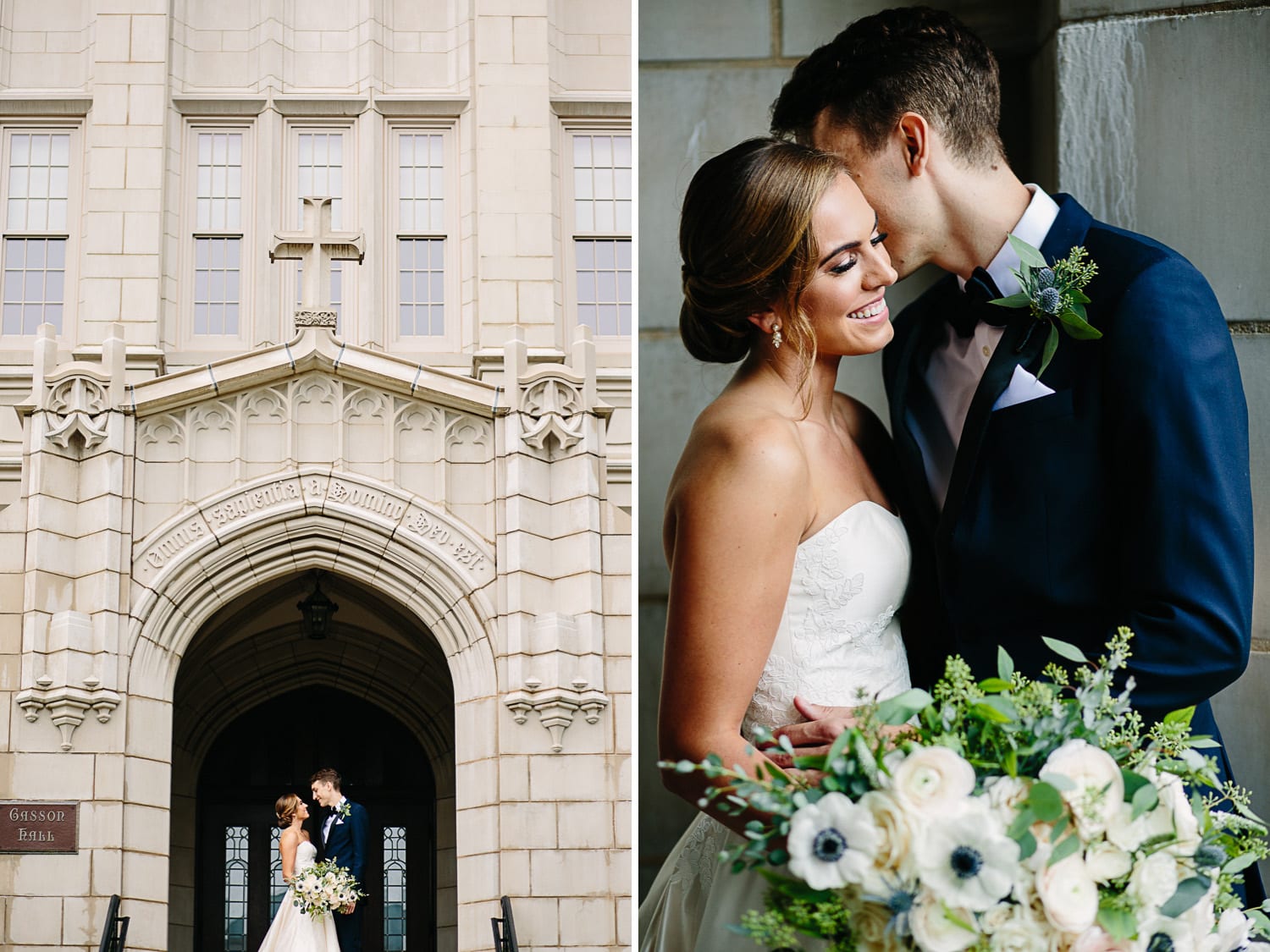 classic and romantic bride and groom portraits on the Boston College campus