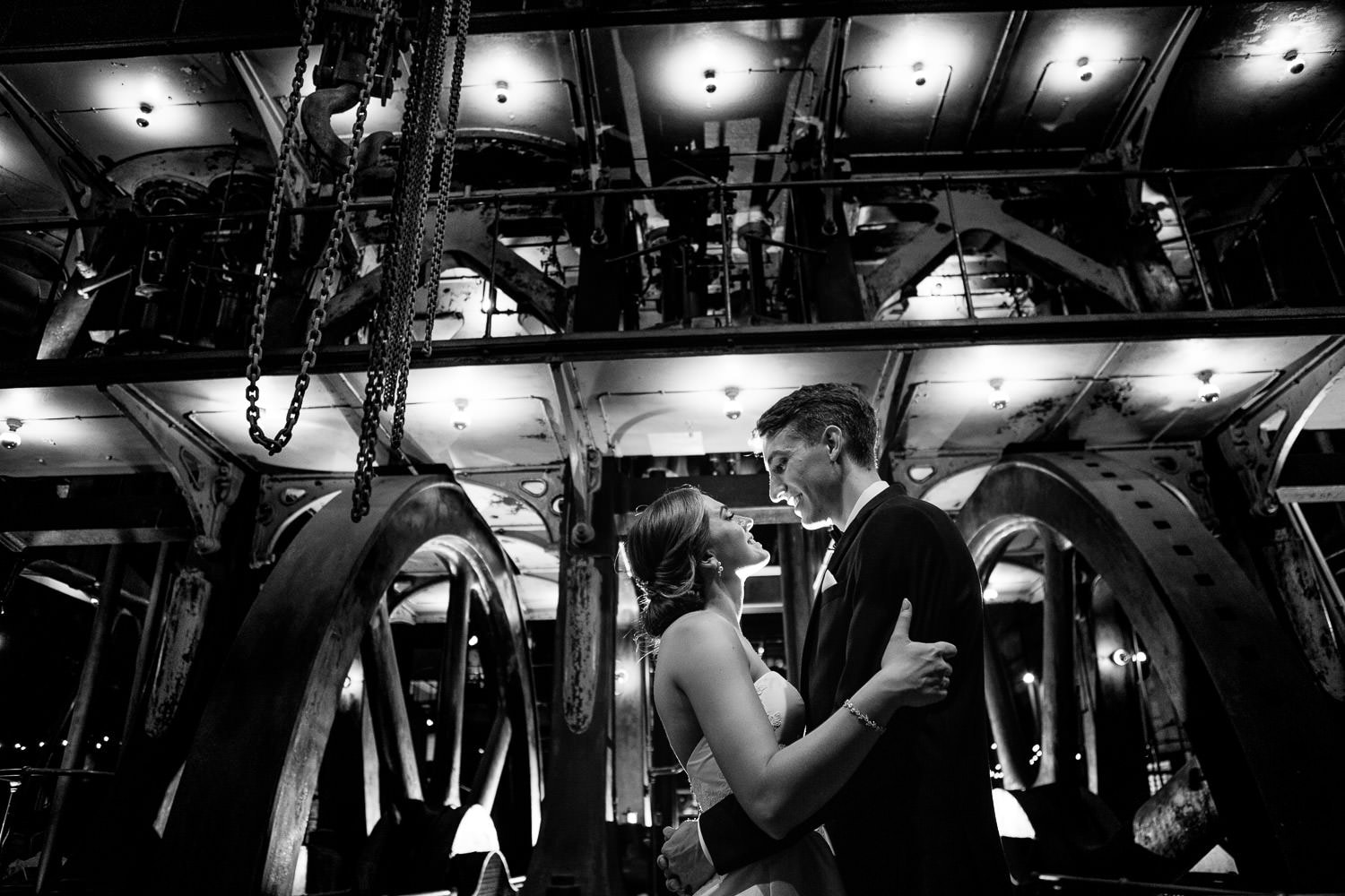 dramatic portrait of bride and groom at waterworks museum wedding